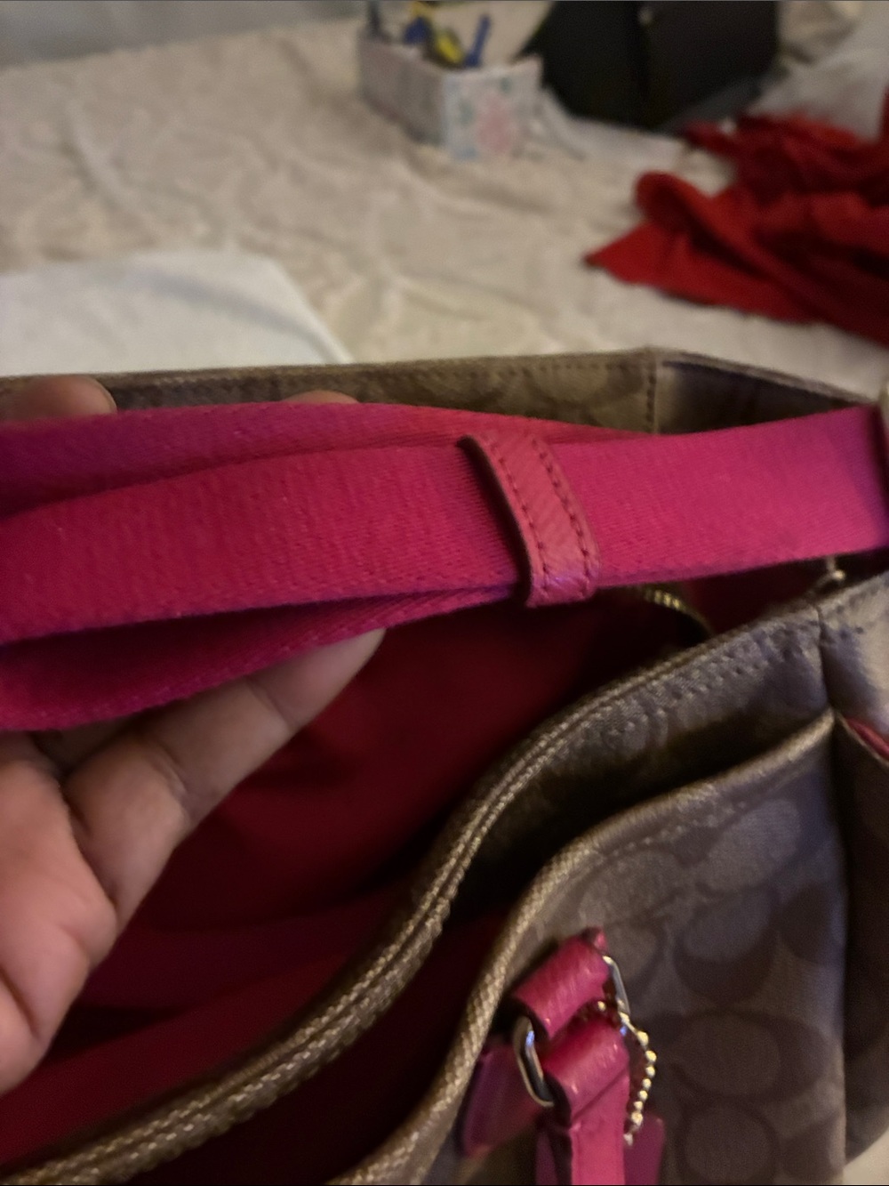 Pre-owned Coach Brown Signature C” canvas Tote/Diaper bag w/Pink Leather Trim - Picture 10 of 16